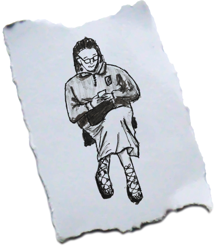 Markerskizze einer Frau mit Rock in der U-Bahn, sie schaut auf ihr Smartphone