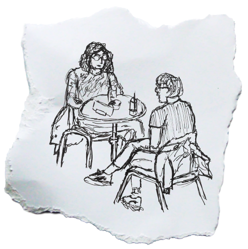 Impressionistische Markerskizze zweier Menschen, die sich am Tisch gegenübersitzend Kaffee trinken