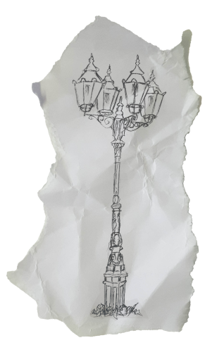 Bleistiftskizze einer verschnörkelten Straßenlaterne