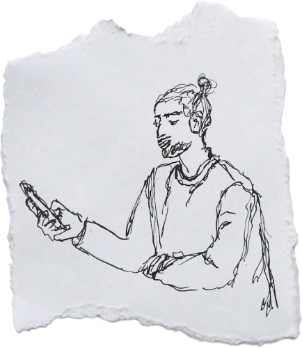 Ein schnell gezeichnetes Protrait eines jungen Mannes in der U-Bahn, er schaut auf sein Smartphone