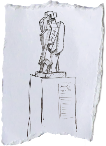 Detaillierte Bleistiftskizze einer abstrakten Statue im Museum