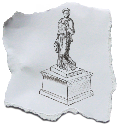 Detaillierte Bleistiftskizze einer Statue einer Frau. Sie trägt eine fließende Toga und hält einen Teller in der Hand