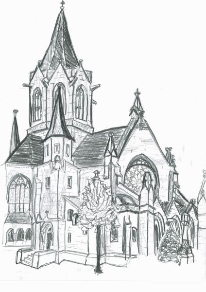 Graphitstiftzeichnugn einer großen Kirche, Perspektive von Unten