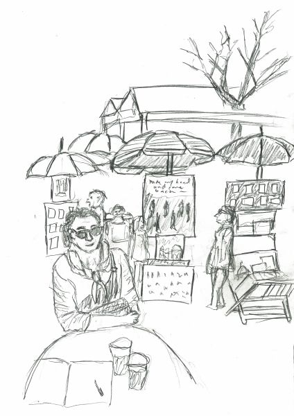 Bleistiftzeichnung eines Marktes voller Treiben