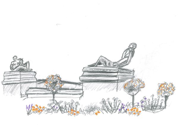 Mixed-Medium Zeichnung von Statuen in einem Park, die von Blumen umringt werden
