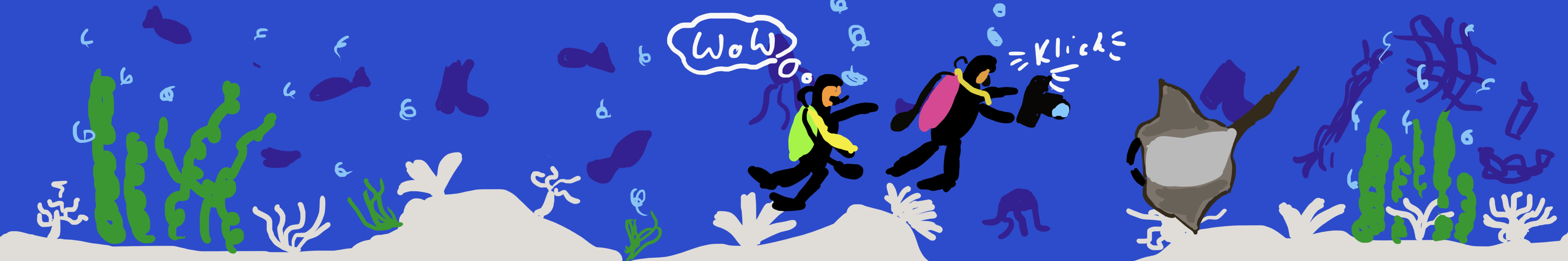 Zeichnung: Eine Unterwasserlandschaft mit Tauchern, die ein Bild von einem Rochen machen