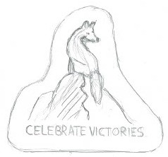 Skizze eines Stickers: Ein Fuchs sitzt auf einem Berg, Text: Celebrate Victories