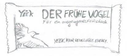 Skizze von Produktverpackung des Energieriegels Früher Vogel