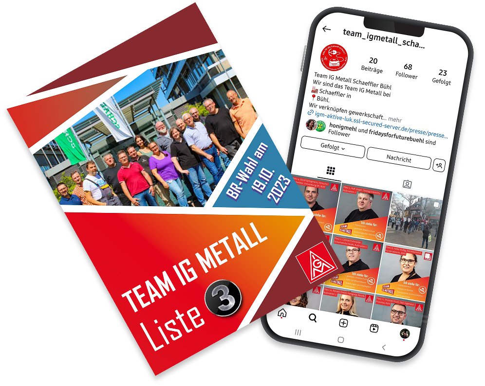 Collage aus eine Broschüre und einem Social-Media Profil